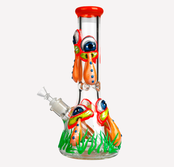 Trippy Eye and Mushrooms 3D Glow in The Dark Hand Painting Bong 12.5″