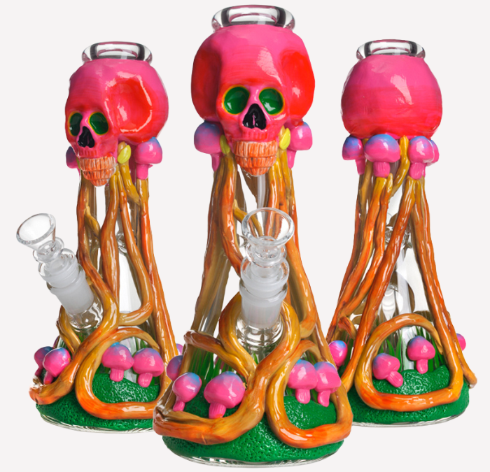Trippy Skull and Mushrooms 3D Bong 10″