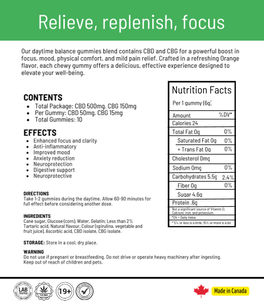 Mega Daytime Balance Gummies - Orange - CBD 500mg CBG 150mg (10 Pack) - Image 2