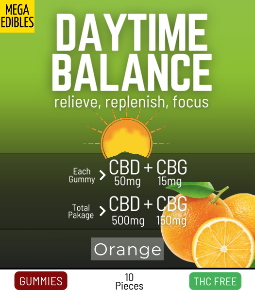 Mega Daytime Balance Gummies - Orange - CBD 500mg CBG 150mg (10 Pack)