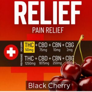 Mega Relief Gummies - Black Cherry - THC 1250mg, CBD 1875mg, CBN 250mg, CBG 50mg (25 Pack)