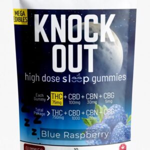 Mega Knock Out Gummies - Blue Raspberry - THC 750mg, CBD 1000mg, CBN 300mg, CBG 50mg (10 Pack)